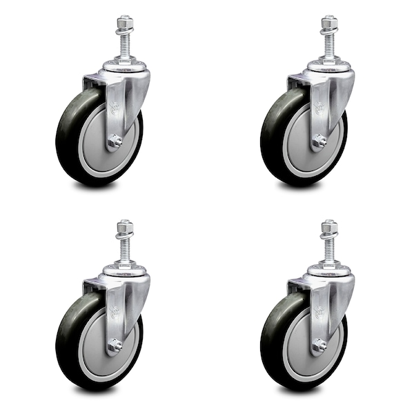 4 Inch Black Polyurethane Wheel Swivel 10mm Threaded Stem Caster Set SCC